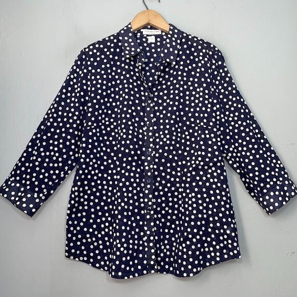 Coldwater Creek Button Up Shirt Womens Size Large No Iron Navy Polka Dot Preppy - Picture 1 of 12